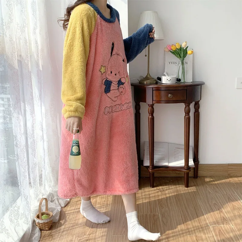 

Anime Cartoon Sanrio Pachaccon Female Coral Velvet Nightgown Autumn Winter New Cute Student Long Skirt Pajamas Enlarged Fattened