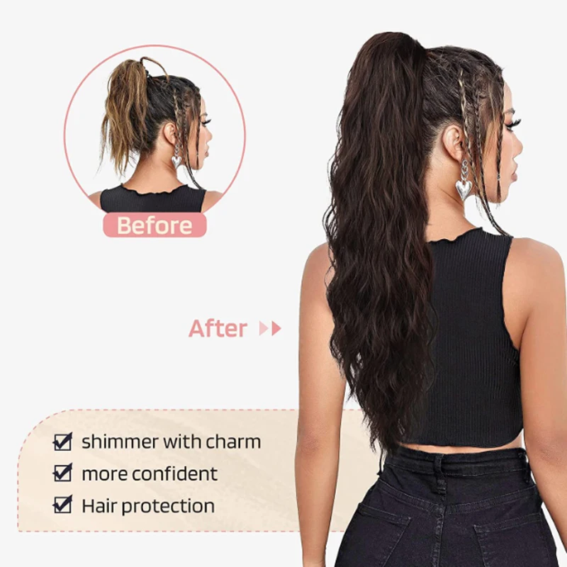 22Inch Long Synthetic Water Wave Curly Ponytail Drawstring Clip in Hair Natural color Extension for Women clip in ponytail hair extension,synthetic ponytail,clip in ponytail extensions