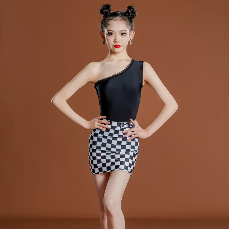 

Girls Latin Dancing Performance Outfit Off-Shoulder Bodysui Plaid Skirt ChaCha Practice Wear Rumba Samba Dance Clothes YS4658
