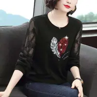 2024 New Spring Autumn Women Fashion Commute Spliced Lace Hollow Out Long Sleeve Round Neck Printed Diamonds Loose T-shirts Tops 4