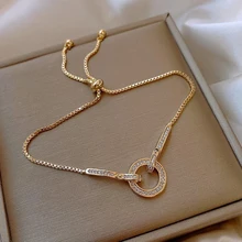 

Simple Design Party Jewelry Adjustable Bracelet For Women Gold Color Snake Chain Bangle Full Diamond Round Ring Bracelets Gifts