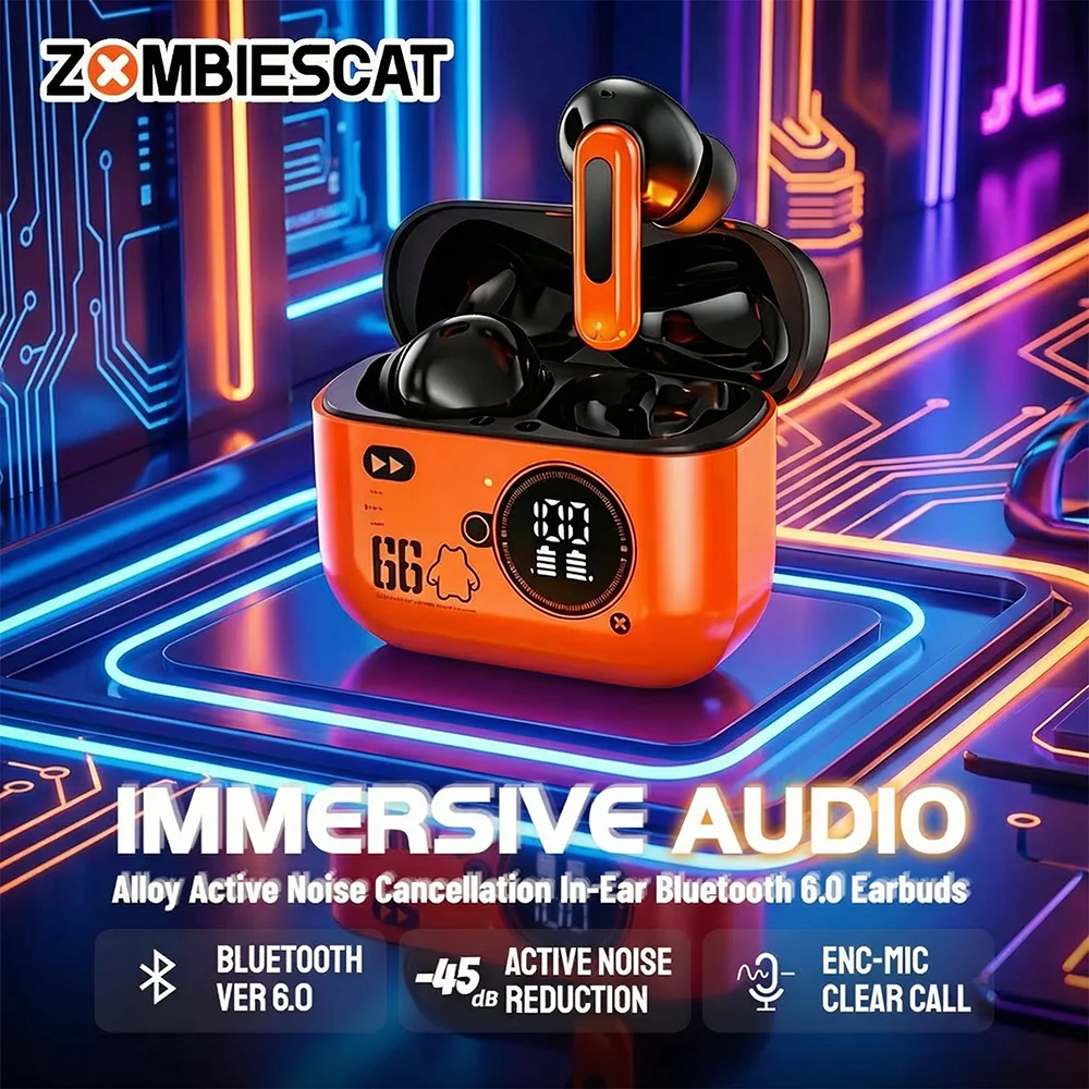 Zombies Cat Alloy ANC Headphones Bluetooth 6.0 -45dB Active Noise Cancellation Earbuds Powerful Deep Bass TWS Wireless Earphones_voghion.com