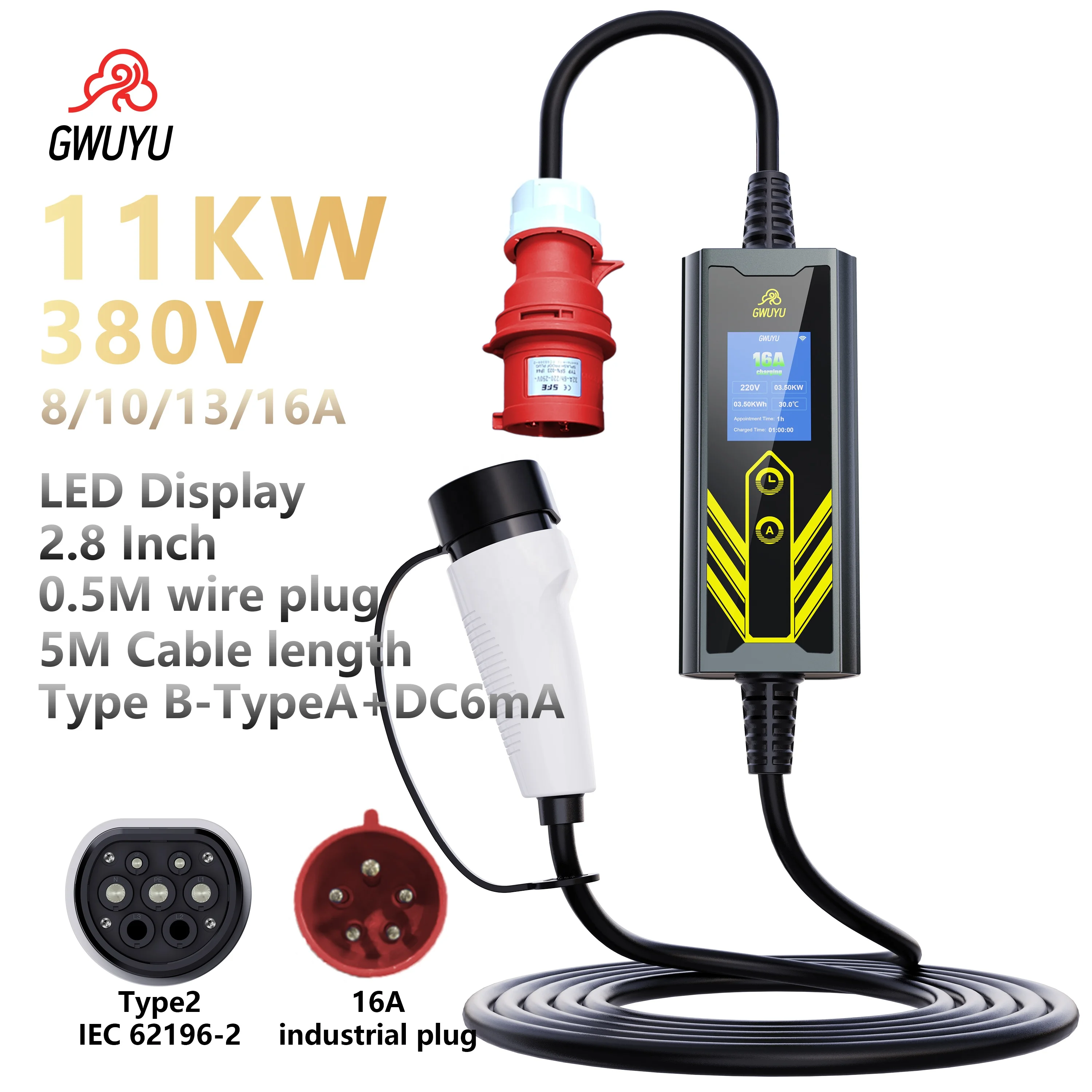 

GWUYU Aluminium Alloy Adjustable Current 16a Type2 Car Ev Charger AC Power Waterproof Portable Electric Vehicle Fast Charging