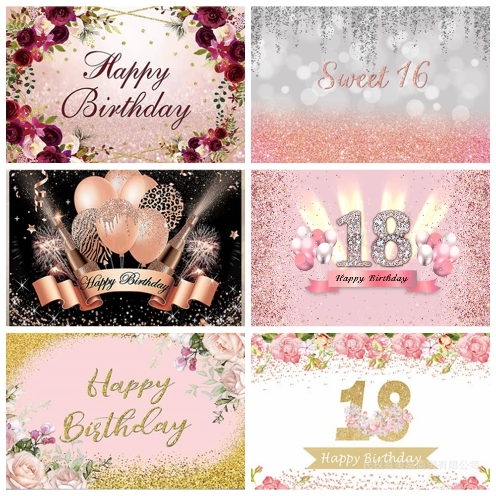 

Pink Sweet Glitter Diamond 18th Birthday Photography Backdrop Customized Girls Happy Birthday Party Photo Background Photo Props