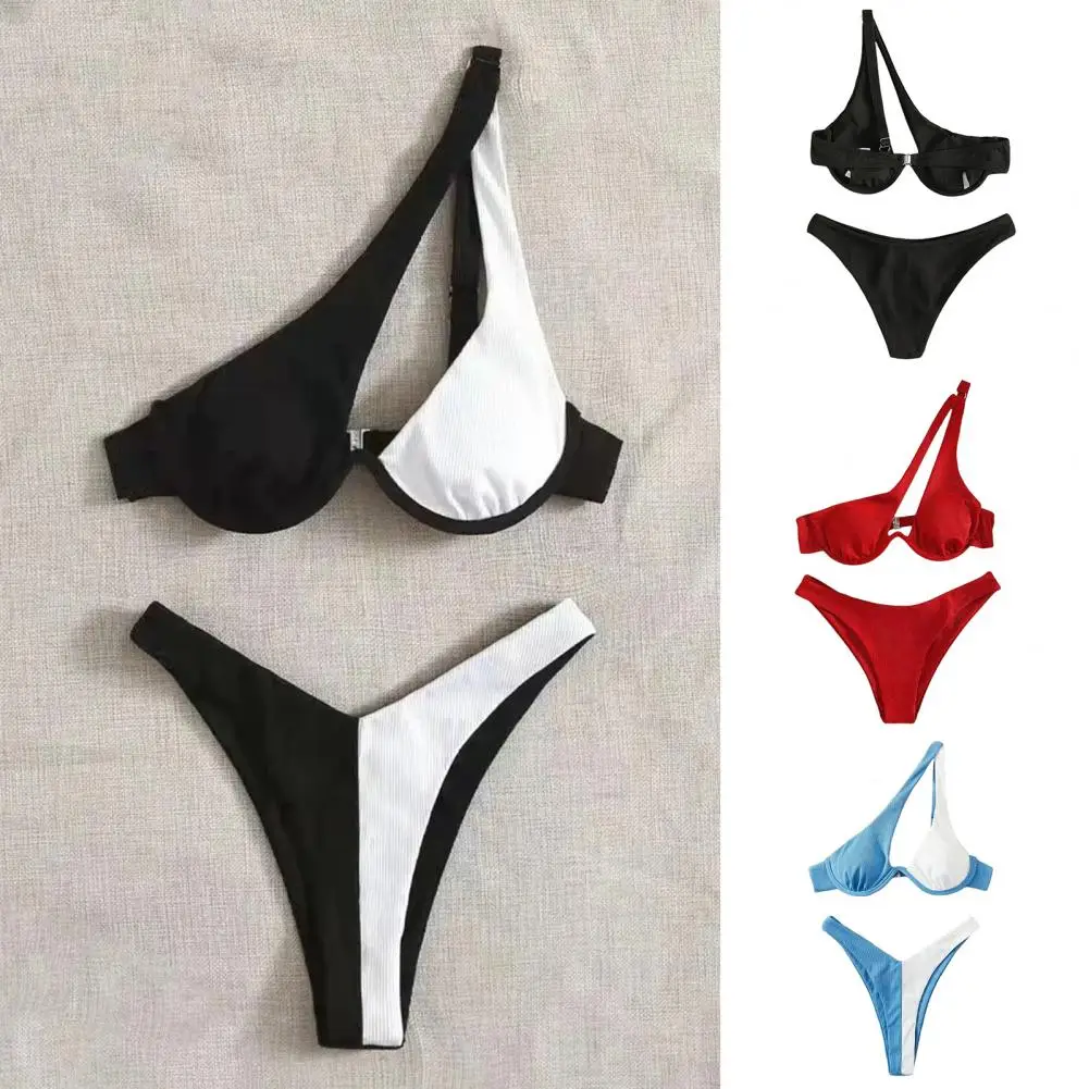 

Летний Пляжный наряд, стильный комплект бикини с одним открытым плечом и трусиками с высокой талией, женская пляжная одежда в рубчик, сексуальная летняя одежда