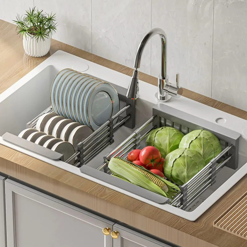 بالوعة المطبخ تلسكوبي استنزاف الرف أطباق الفولاذ المقاوم للصدأ أطباق أدوات المائدة استنزاف سلة الفاكهة والخضروات تخزين الرف
