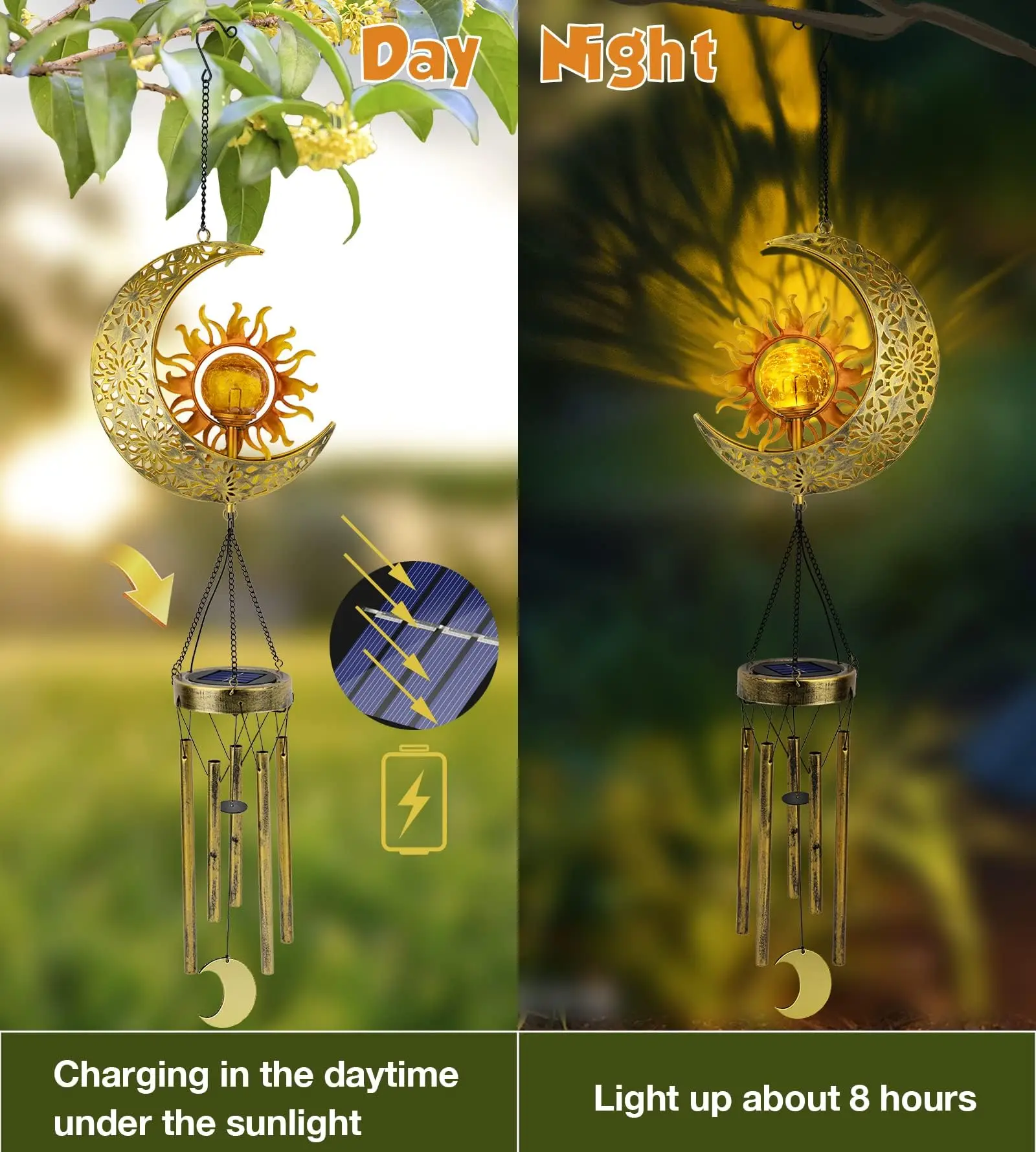 Jyps Sun Moon Solar Wind Chimes for Outside Crackle Glass Ball Waterproof Wind Chimes Garden Decor Birthday Gift