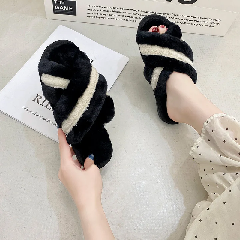 Color matching cross plush slippers women's indoor plush flat open toe cotton slippers BF10