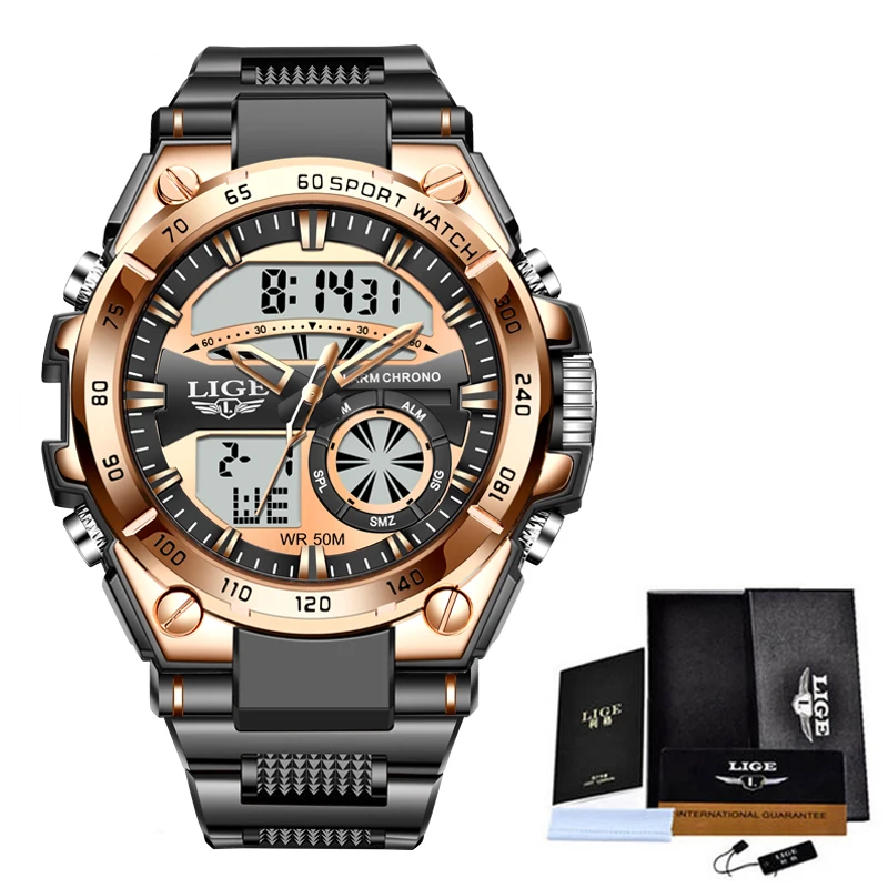 2023 LIGE New Digital Men Watch 50M Waterproof Fashion Wristwatch LED Quartz Clock Sport Watch for Men Military Watches Mens+Box