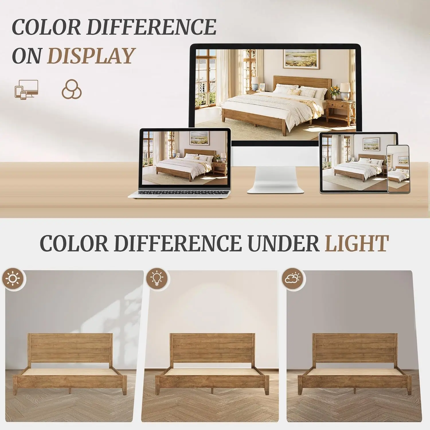 Queen Size, Acacia Wood Platform with Headboard, No Box Spring Needed, 800lb Capacity, Non-Slip Without Noise, Easy Assembly