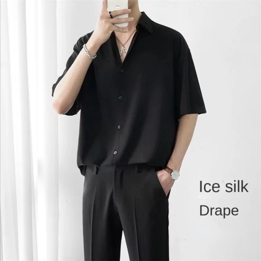 

Ice Silk Short-sleeved Shirts Men's Non-ironing Drape Solid Color Five-quarter Sleeve Shirt Oversized All-match Loose T-shirt
