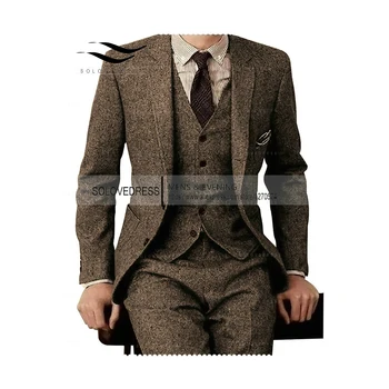 Abiti da uomo in Tweed marrone 3 pezzi Set di abiti da cerimonia formale Set di abiti da sposa personalizzati da sposo da uomo (giacca + pantaloni + gilet)