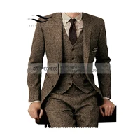 Brown Tweed Men Suits 3 Pieces Formal Business Suit Set Custom Gentle-Mens Groom Wedding Dress Blazer Suits(Jacket+Pants+Vest) 1