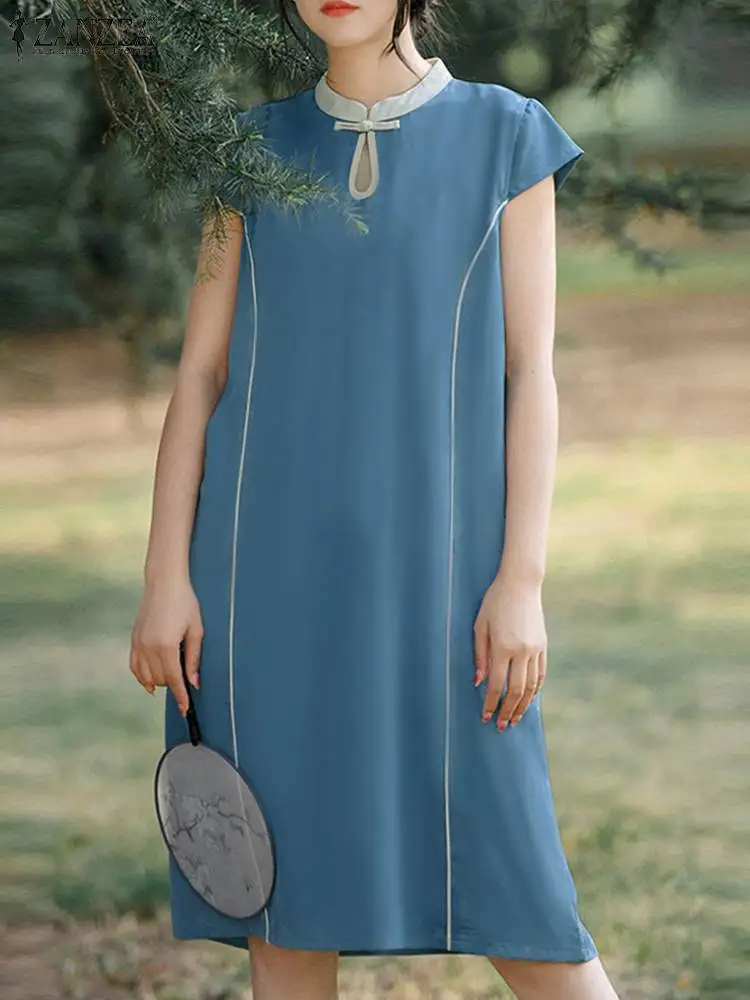 

ZANZEA Vintage A-line Dress Cap Sleeve Knee-length Dresses Summer Color Block Women Keyhole Neck Casual Loose Binding Retro Robe