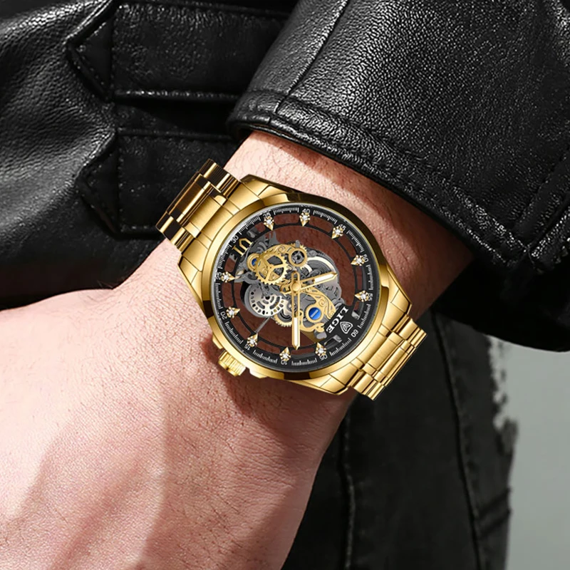 LIGE Gold Skeleton Retro Luxury Men's Wristwatch