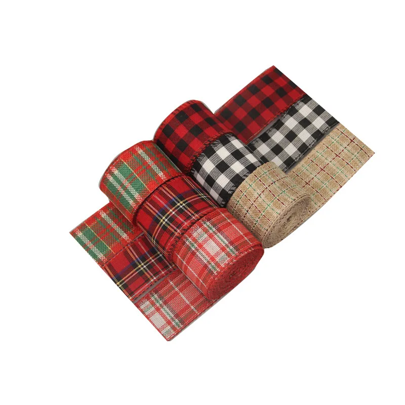 Ribbon Imitation Hemp Wire Edge Linen Christmas Decoration Red And Green Snowflake Plaid 6 M/Roll