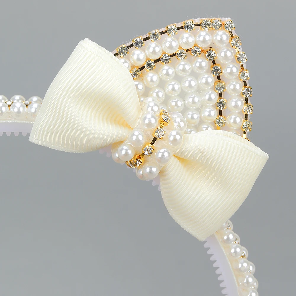 Cat Ear Headband - Cute Pearl Bow Hair Hoop for Girls