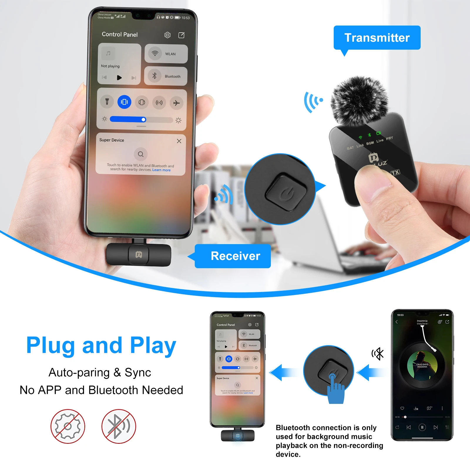PULUZ Wireless Lavalier Microphone Portable Audio Video Recording Mini Mic for iPhone Android Outdoor Live Broadcast Phone Mic