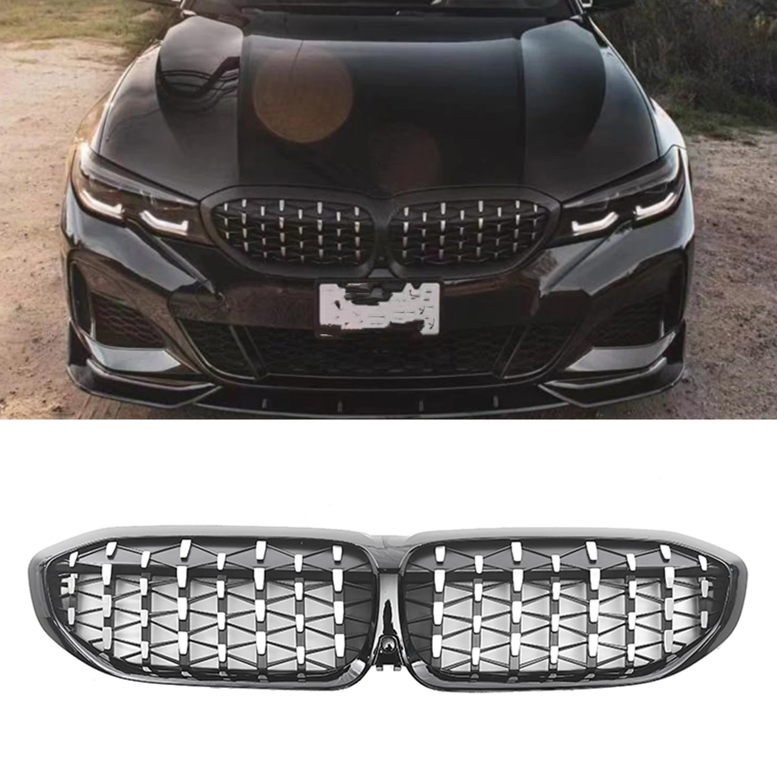 Front Kidney Grille For Bmw G20 330i 20192022 Black Diamond Style Car