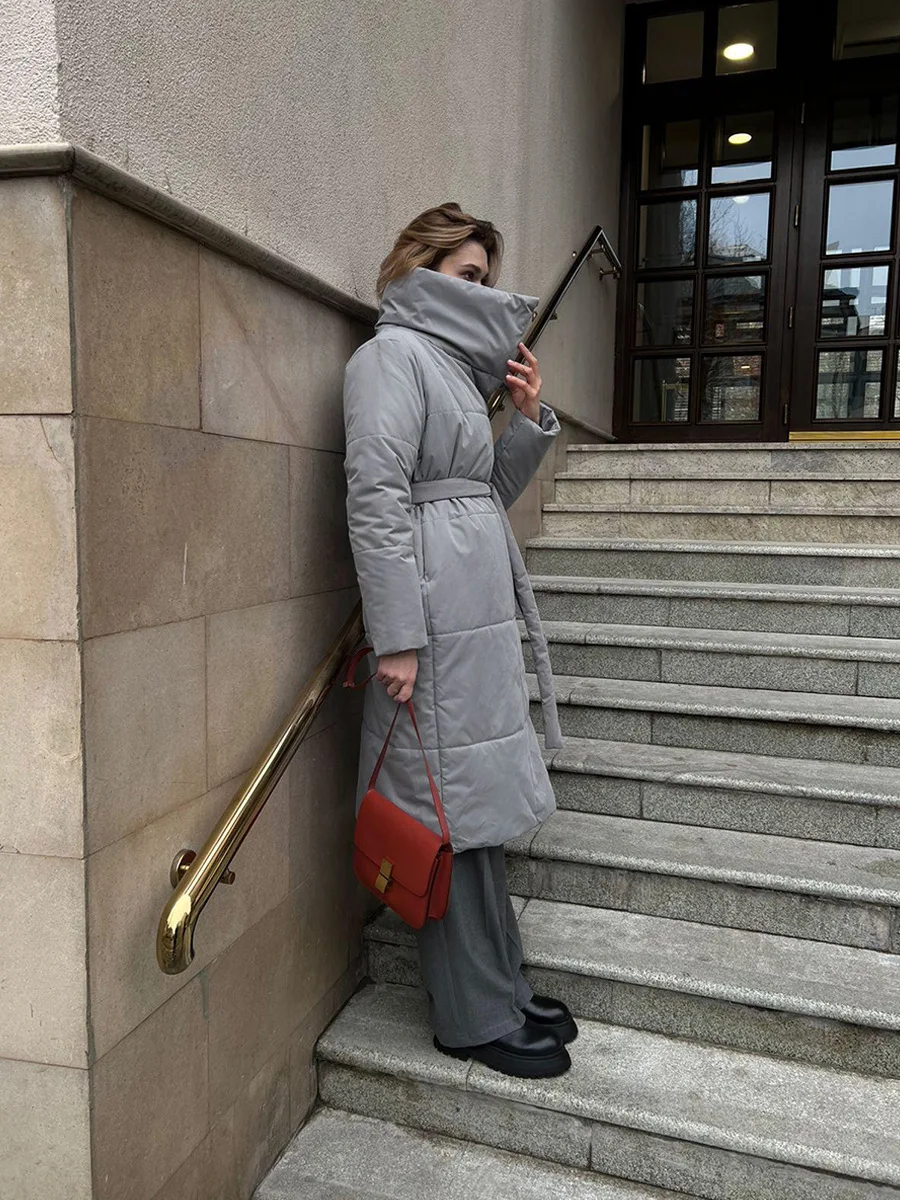 Winter Female Parkas Outwear Loose Lace-Up High Waist Long Sleeve Pocket Lapel Bandage Coat For Women Solid Parkas