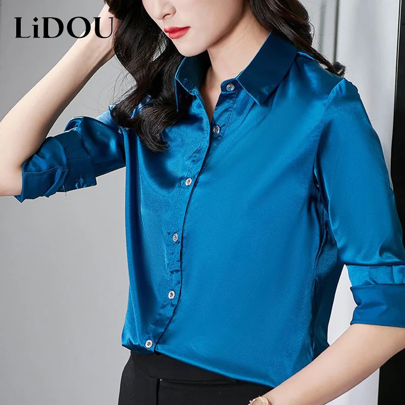 

Spring Summer Office Lady Polo-neck Solid Simple Satin Shirt Top Women Long Sleeve Temperament Vocation Blouse Female Clothes