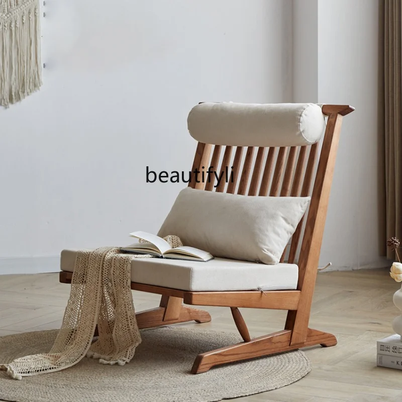 

Japanese-Style Solid Wood Single Sofa Recliner Lazy Balcony High Backrest Comfort and Casual Chair living room furniture