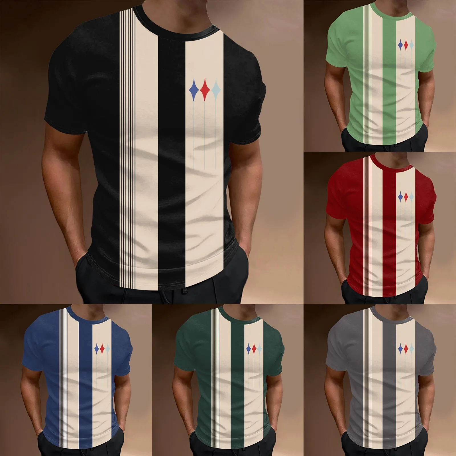 

Men's Spring And Summer Leisure Sports Breathable Comfortable Beach Wind Stripe Color Short Sleeved T handsome Sports