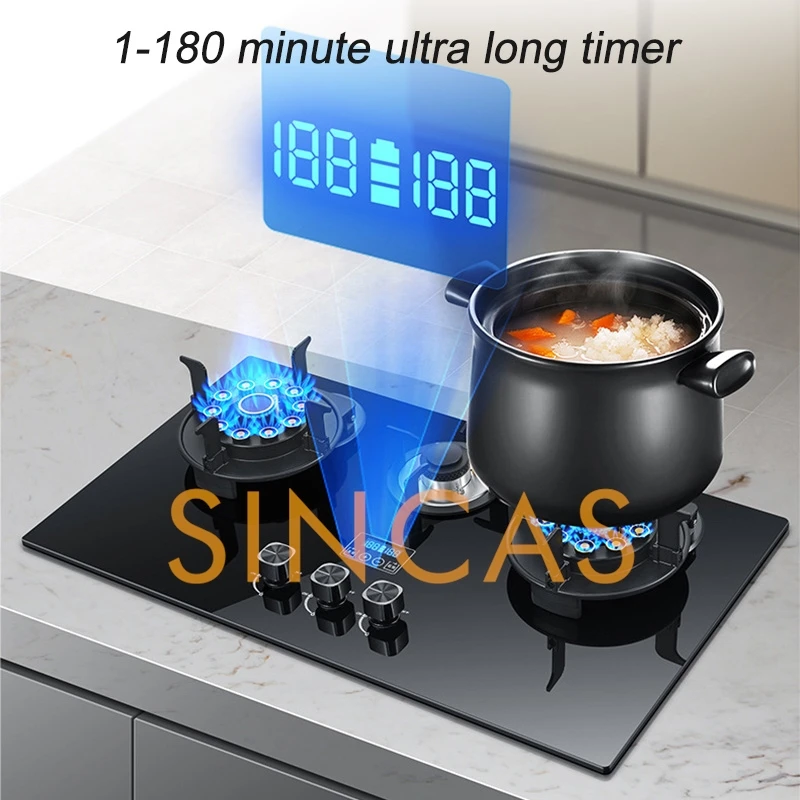 Kitchen Household 3 Burners 5.2KW Large Firepower Timing Gas Stove Embedded/Desktop Stainless Steel/Tempered Glass Gas Stove