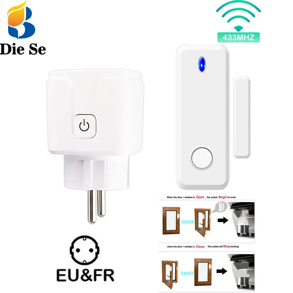 

RF 433Mhz Door Sensor Wireless Smart Socket Switch Remote Control Electrical Outlets 16A 220V EU Plug for Extractor Hood Fan