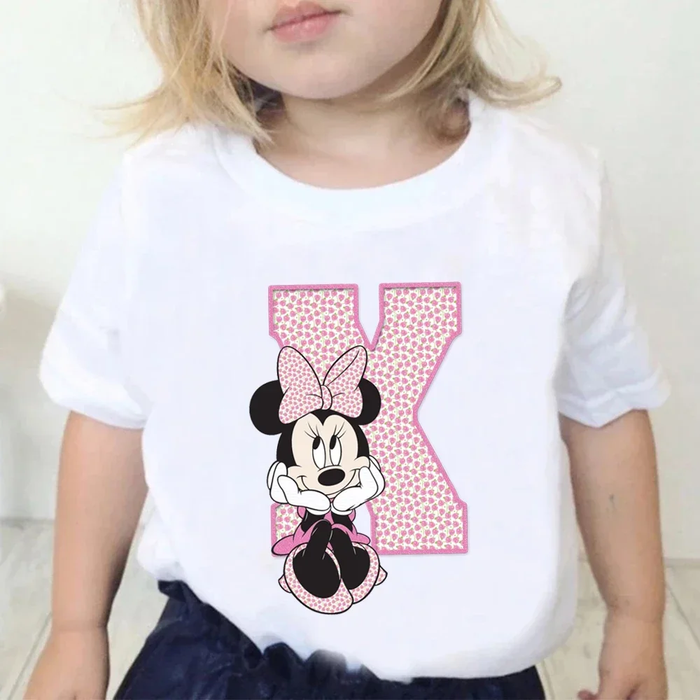 Minnie Children Cotton T-Shirts Letter A-Z Name Combination Disney Kawaii Cartoons Clothes Kids Little Boy Girl Tee Casual Tops 4