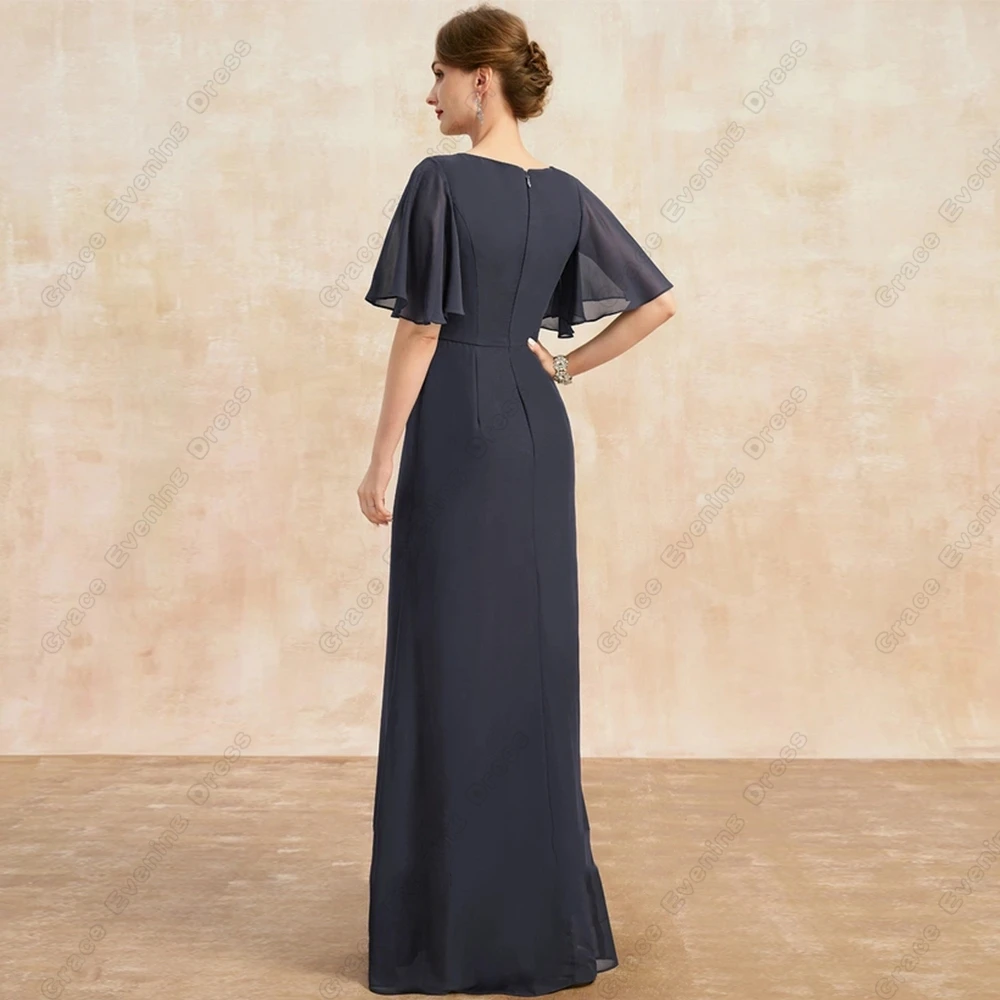Mother of Bride Dresses Women Scoop Sheath Beach Wedding Party Dresses Chiffon Half Sleeve Beading