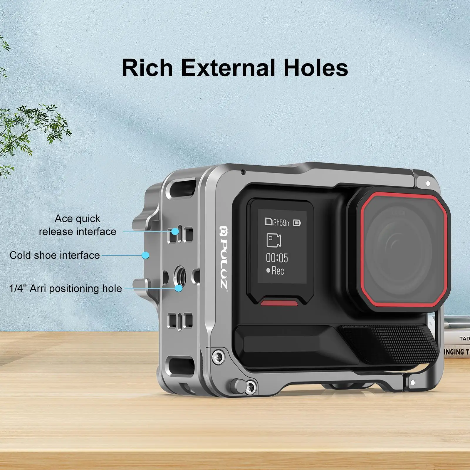 For Insta360 Ace Pro 2 PULUZ Aluminum Alloy Protective Cage Rig Dual Cold Shoe Housing Frame