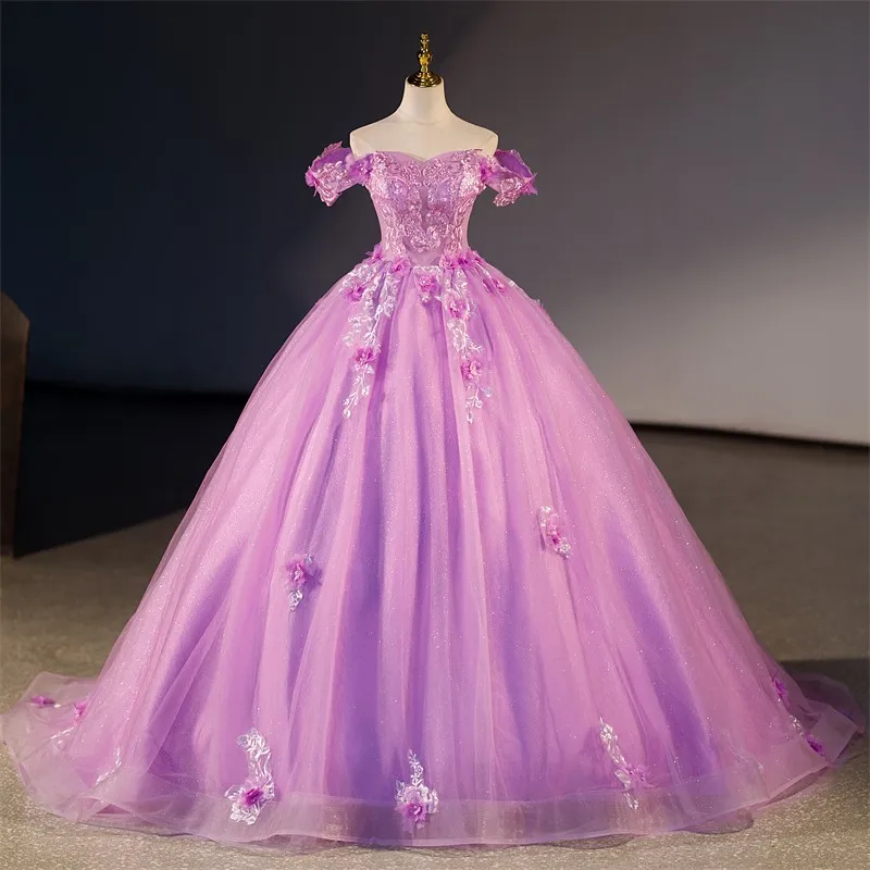 Spring New Purple Quinceanera Dresses With Train Sweet Flower Boho Party Dress Shinny Sequin Ball Gown Luxury Lace Vestidos