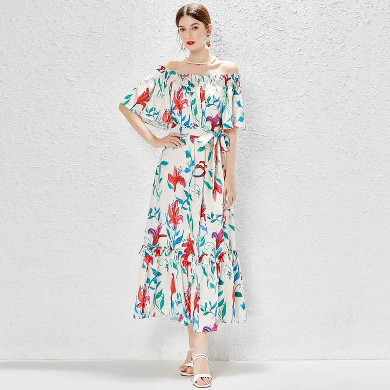 

Dresses for Women 2023 Summer Fashion Elastic Slash Neck Raglan Short Sleeve Print Loose Floral Vestidos Elegantes Para Mujer