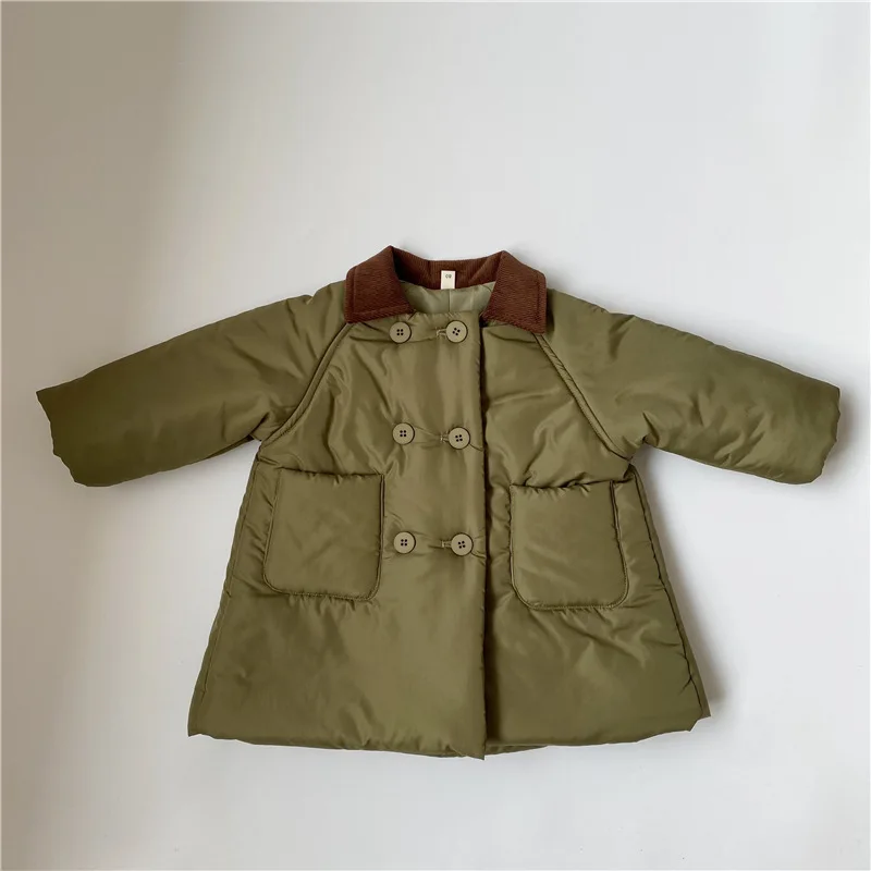 Winter New Product: Children's Collar Long Cotton Jacket, Double breasted Mid length Coat for Boys and Girls, Baby