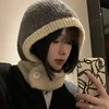 Japanese Retro Women's Balaclava Hat with Scarf Winter Warm Knit Cap Neck Cold Proof Fashion Color Matched Female Headwear 1