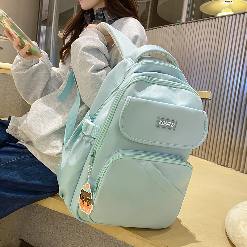 

Solid Color Cute Women Backpack Multi-Pocket Schoolbags For Teenage Girls Large Capacity Travel Backbag College Student Backpack