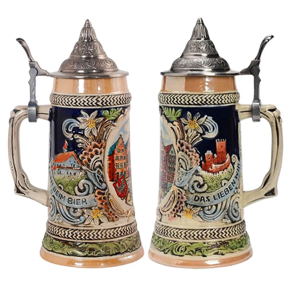

880ml Big Capacity Ceramic Beer Mug with Lid Painted German Craft Water Mugs Best Gift for Father Coffee Cups Retro Wine Glass