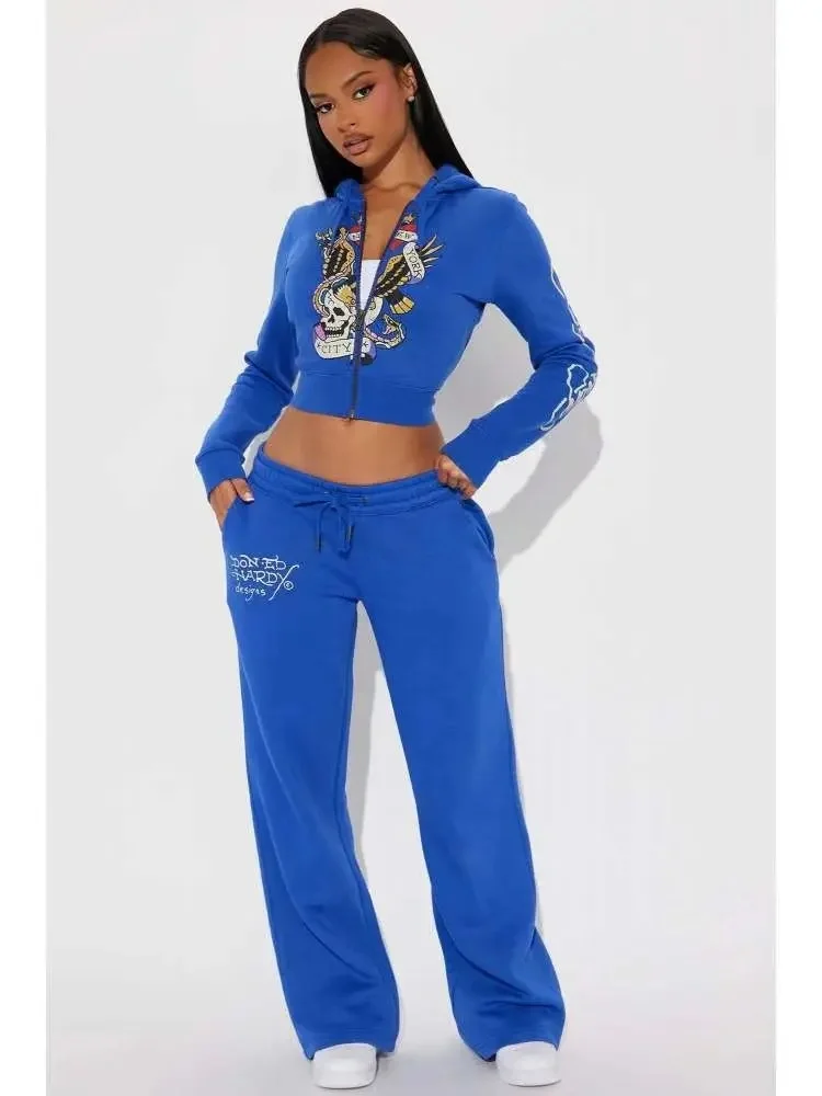 快適なカジュアルファッションストリートジッパーフード付きプリントツーピースセット婦人服鮮やかな芸術的なデザイン