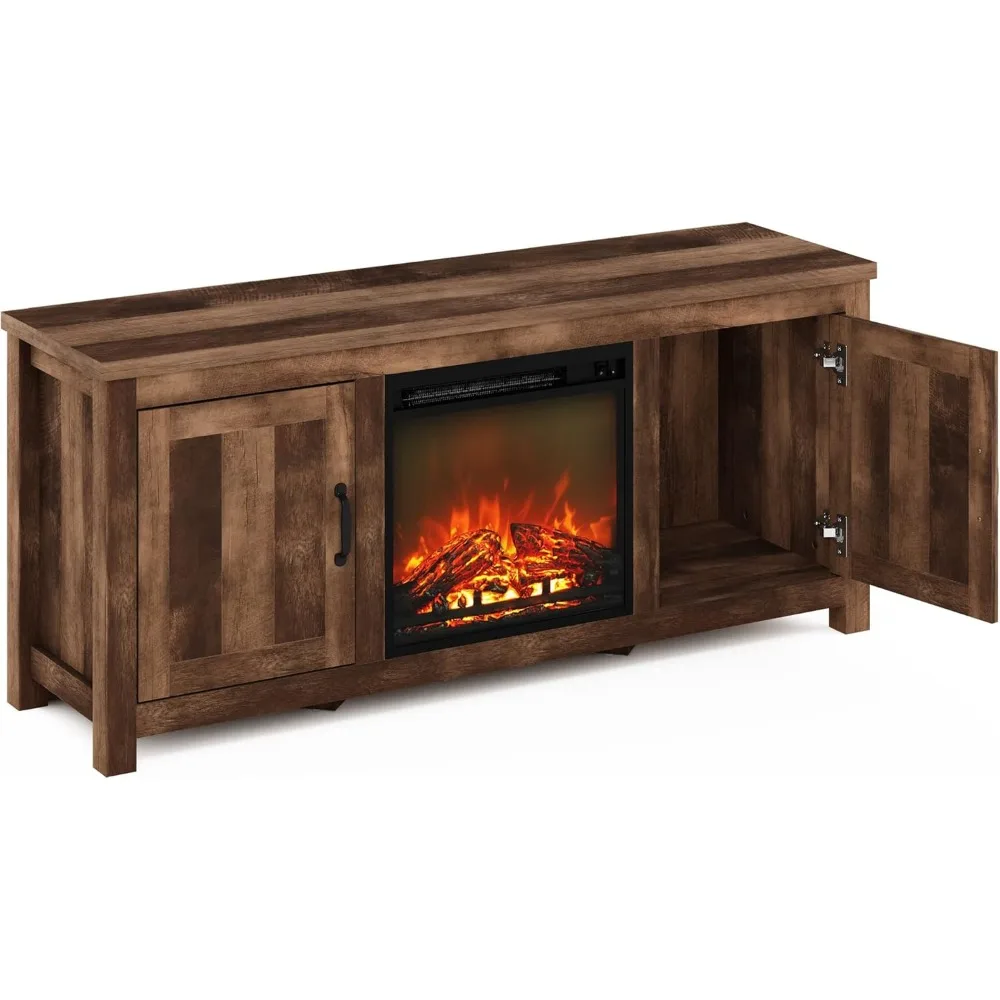 Jensen Farmhouse Barn Door Fireplace Stand with Storage Cabinet for TV up to 60 Inch, Rustic Brown