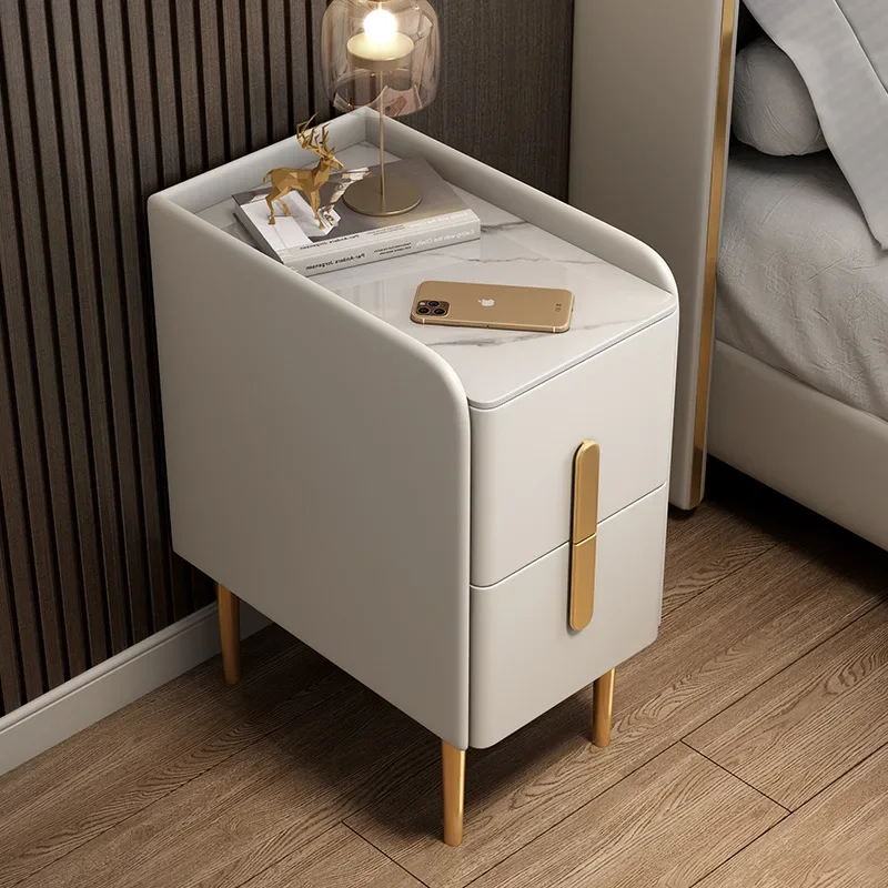 Solid Wood 2 Drawers Bedside Table with Sintered Stone Top Modern Style 30cm Bedroom Nightstand Side Storage Cabinet