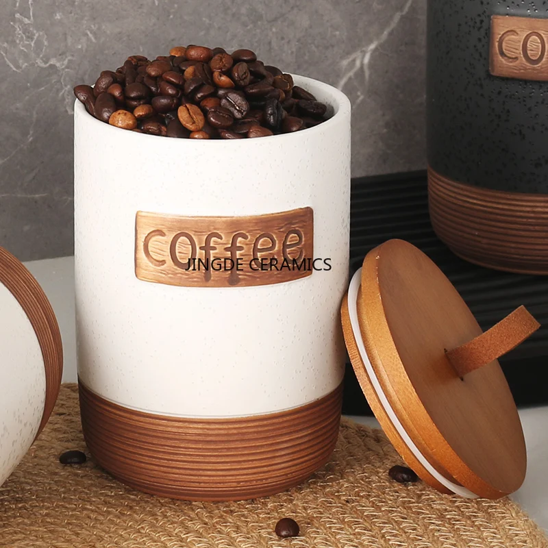 Tarro de cerámica hermético (1 unidad) para guardar azúcar, café o condimentos. Tarro de madera para guardar dulces o caramelos. - Image 2