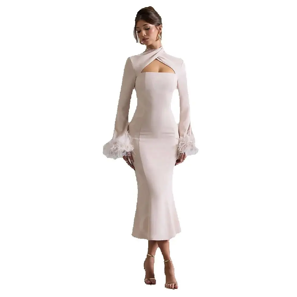 Cocktail Party Dresses Halter Neck Homecoming Gowns Long Sleeves Pageant Dresses Mermaid Feathers