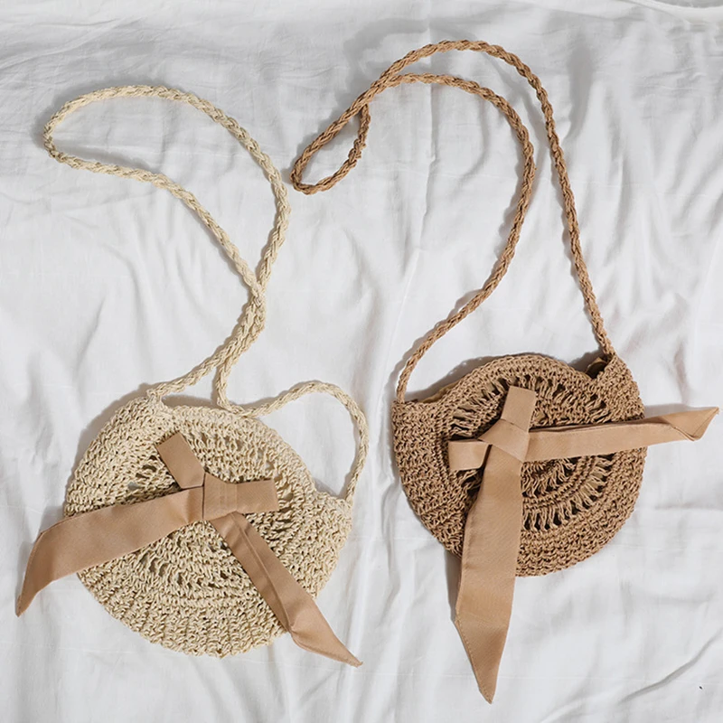 Handmade Bowknot Straw Crossbody Bag Women Hollow Woven Shoulder Bags Knitting Summer Beach Female Circle Tassel Handbags Purse