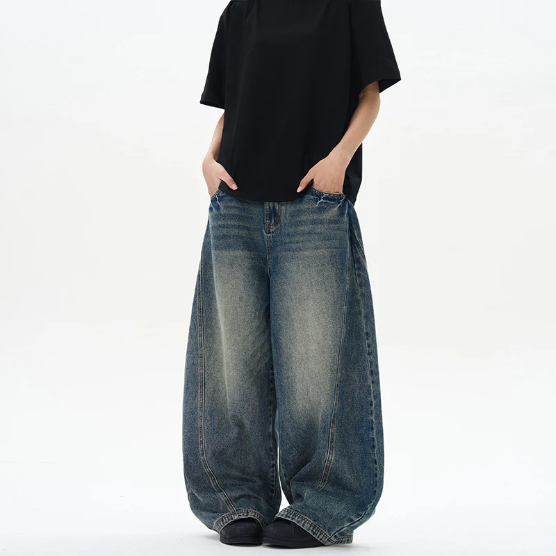 2025 lente nieuwe herenjeans oversized wijde pijpen broek losse vintage patchwork bliksem gebarsten denim broek streetwear mannelijk