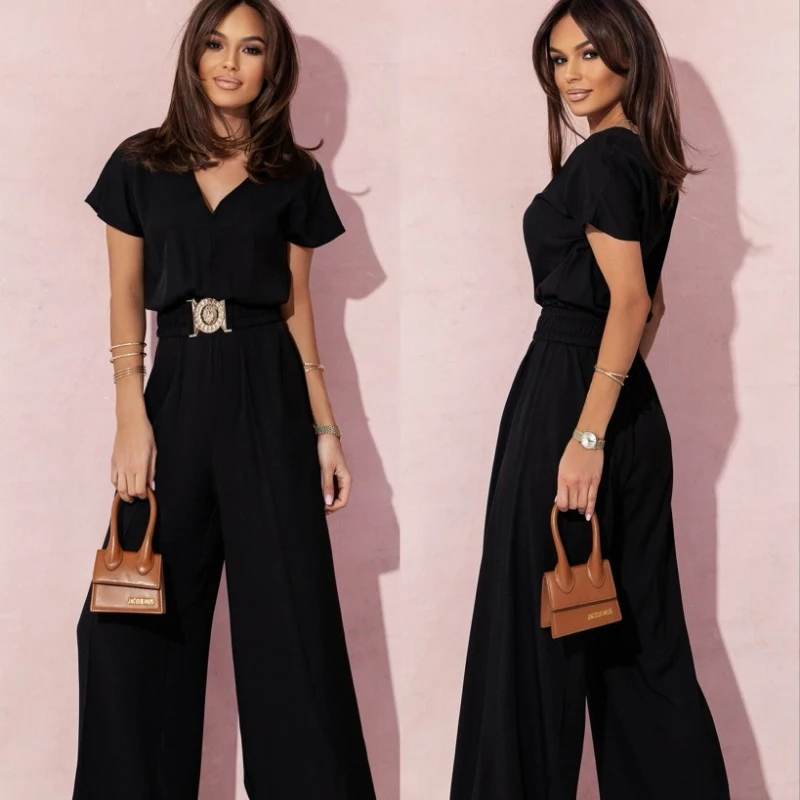 Women's Short Sleeve V-Neck Long Jumpsuit with Belt Sweet Jumpsuits Solid Color Rose Red Clothes Summer Fashion New 9188