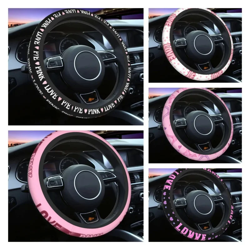 

Love Pink Tile Pattern Black Steering Wheel Covers Car Decoration Accessories Car Steering Wheel Cover Anti Slip Cars Truck