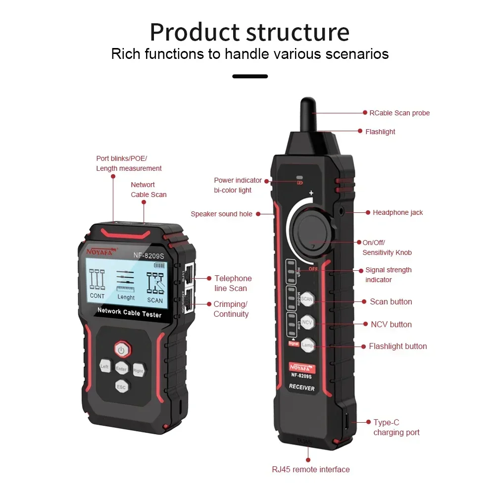 Network Cable Tracker NOYAFA NF-8209S Lan Measure Tester Network Tools LCD Display Measure Length Wiremap Tester Cable Tracker