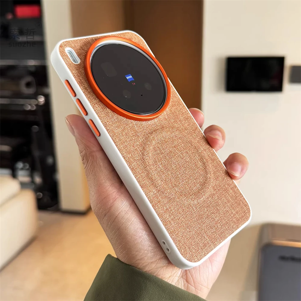 Magnetic Wireless Charging PU Leather Case with Cloth Texture - Shockproof Cover Shell