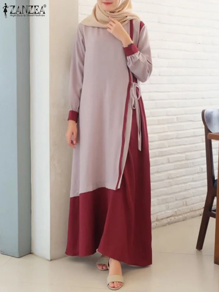 

ZANZEA Women Patchwork Muslim Dress Elegant Abaya Long Sleeve Maxi Vestidos Robe Ramadan Sundress Casual Kaftan Islamic Clothing